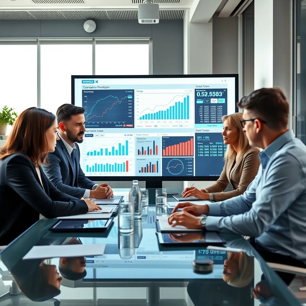 A diverse group of business professionals, representing different industries and roles, gathered around a table, analyzing data and charts on a large screen, representing market trends and competitive analysis. The scene should be bright and modern, conveying a sense of collaboration and insightful problem-solving.